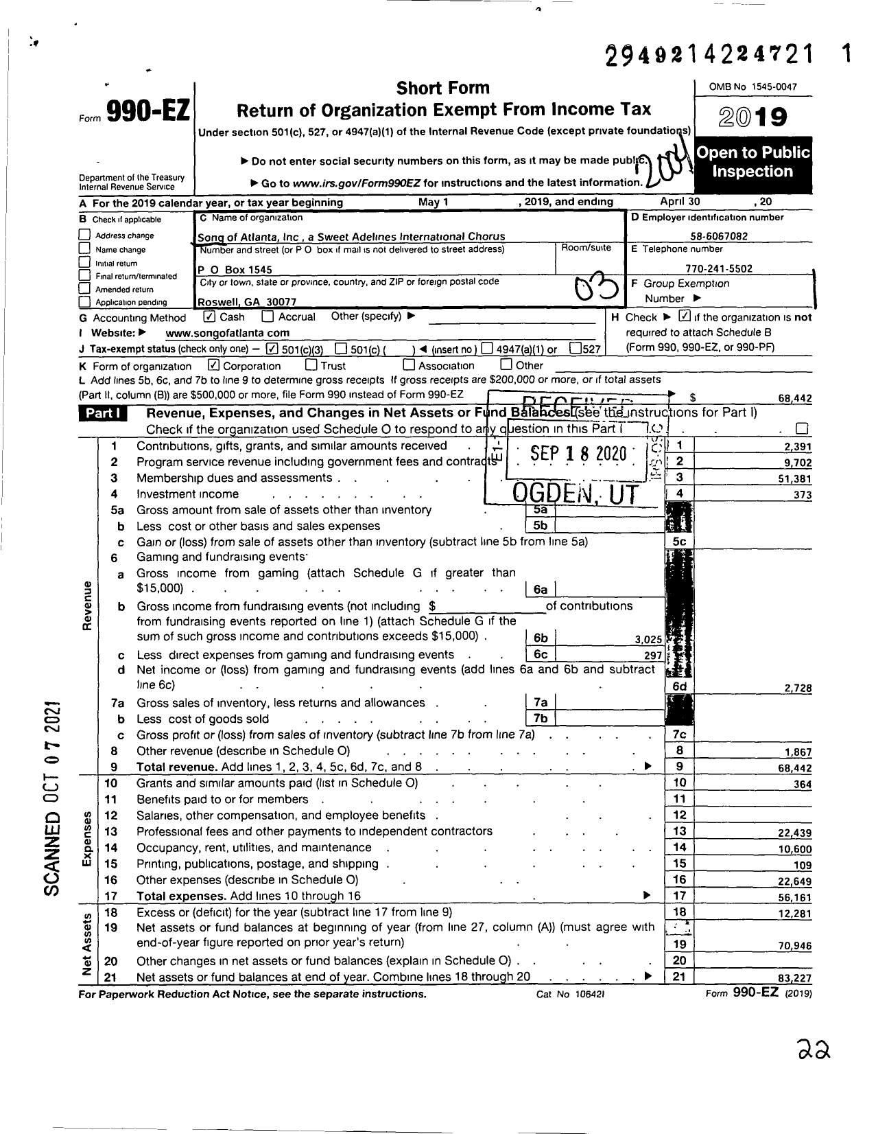 Image of first page of 2019 Form 990EZ for Sweet Adelines International - Song of Atlanta