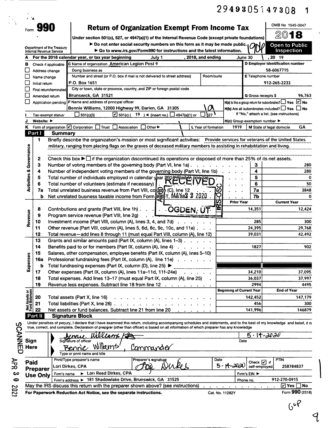 Image of first page of 2018 Form 990O for American Legion Post 9