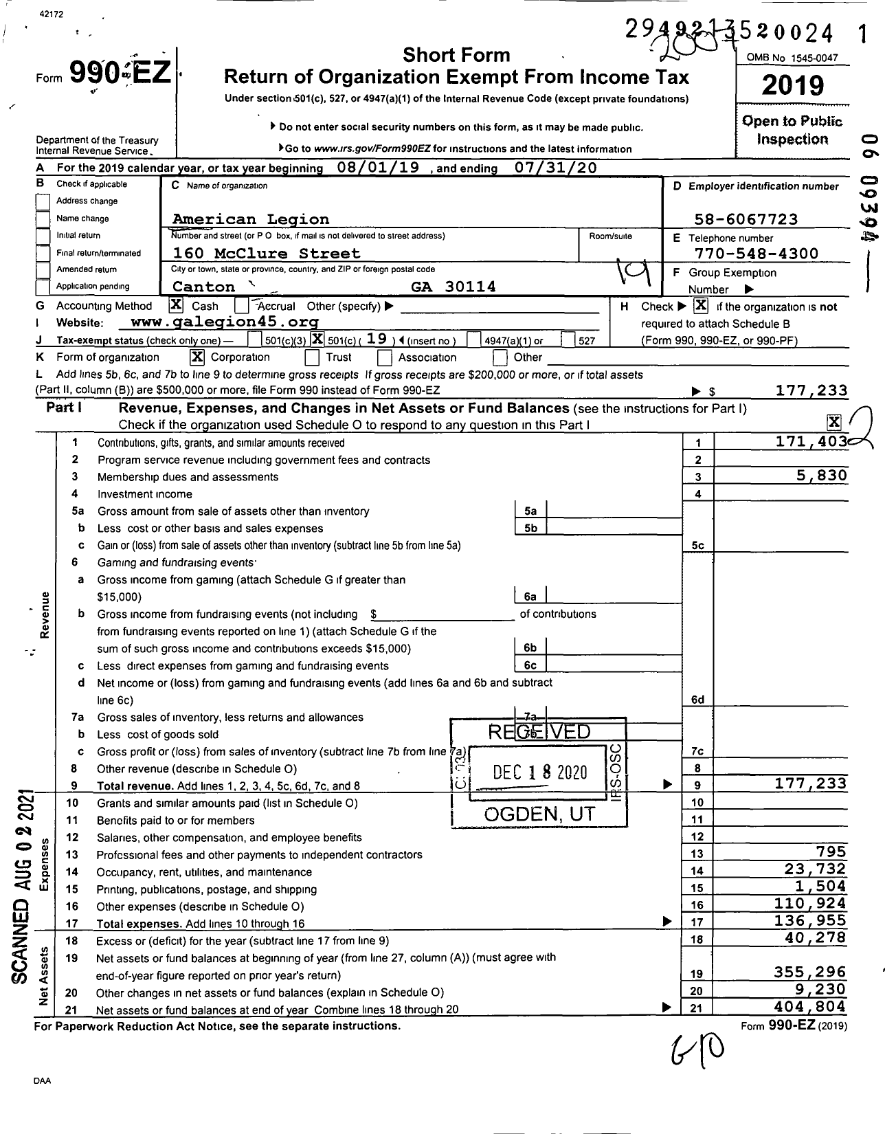 Image of first page of 2019 Form 990EO for American Legion - 45 Thomas M Brady