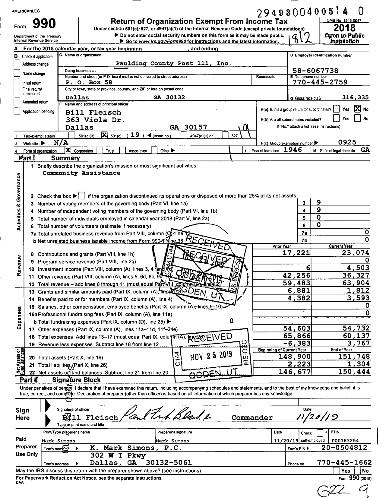 Image of first page of 2018 Form 990O for American Legion - 111 Paulding County
