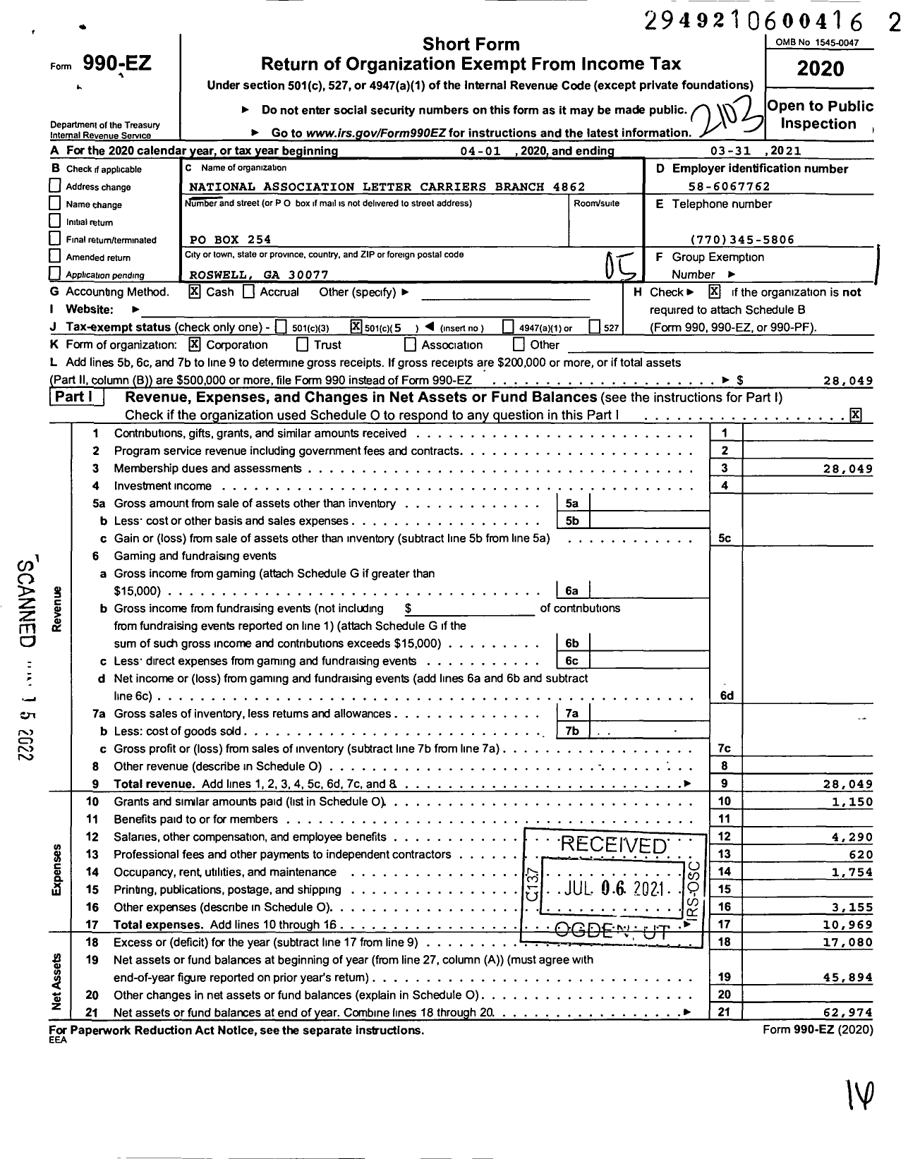 Image of first page of 2020 Form 990EO for National Association of Letter Carriers - 4862 Roswell Georgia