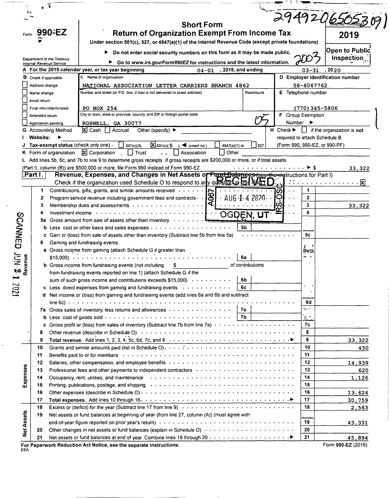 Image of first page of 2019 Form 990EO for National Association of Letter Carriers - 4862 Roswell Georgia