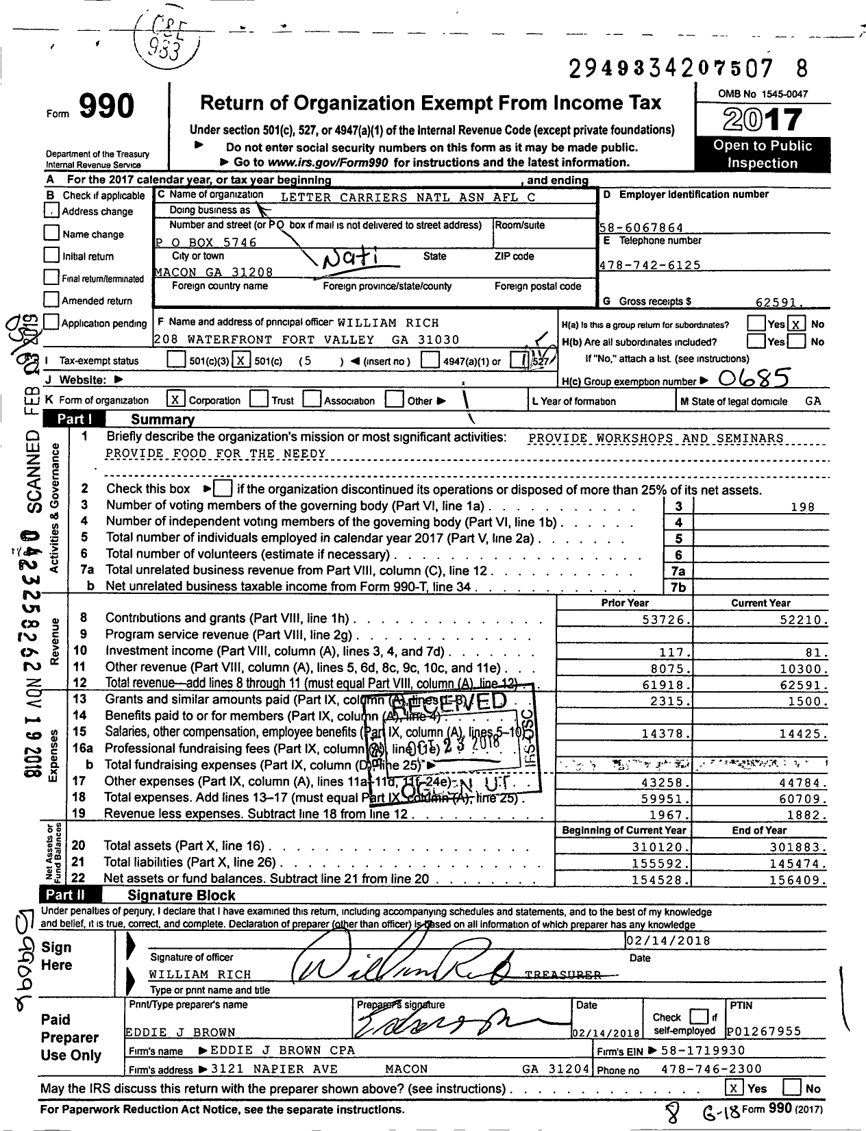 Image of first page of 2017 Form 990O for National Association of Letter Carriers - Heart of Ga Macon LTR CRS Assn 270