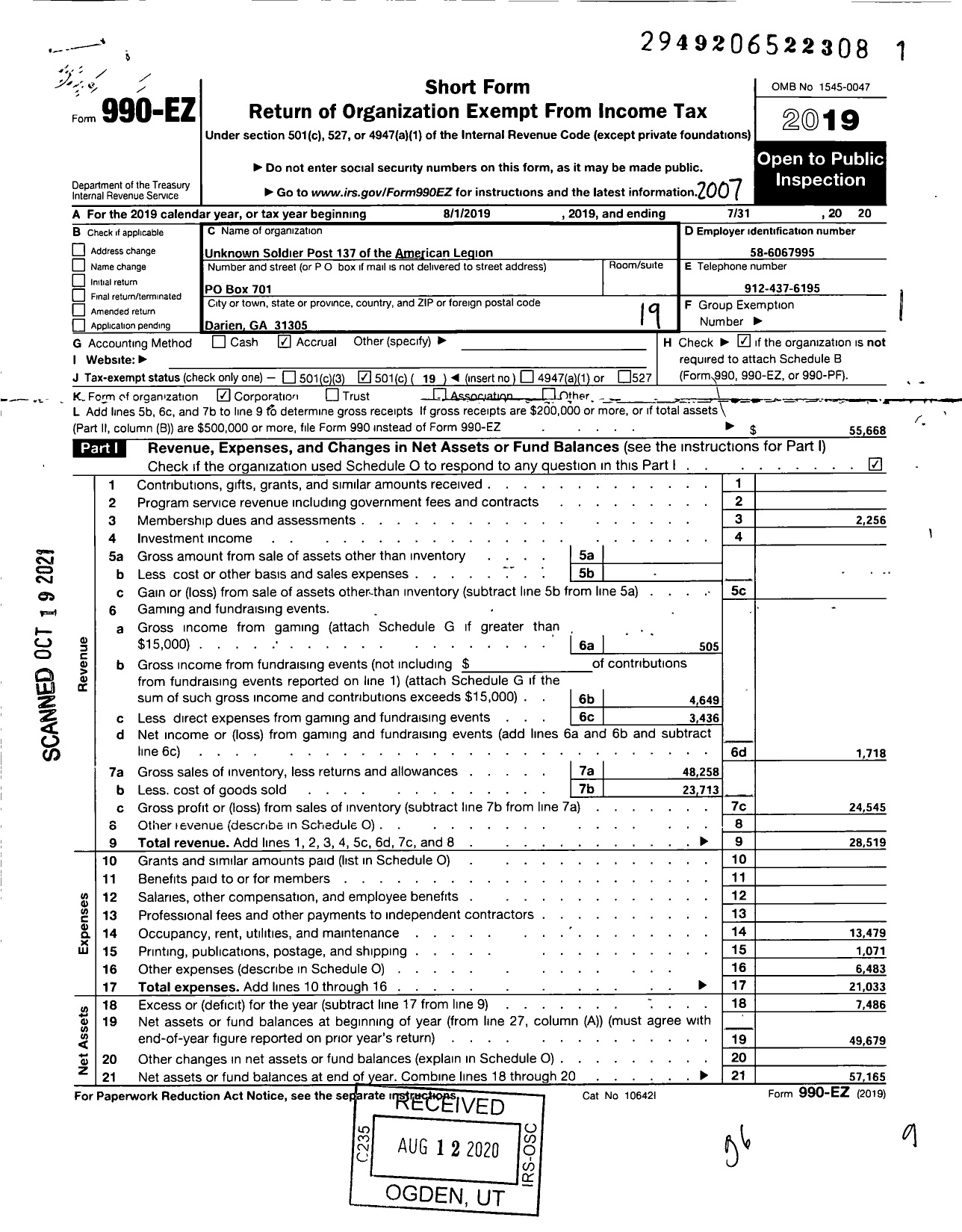 Image of first page of 2019 Form 990EO for American Legion - 0137 Unknown Soldier