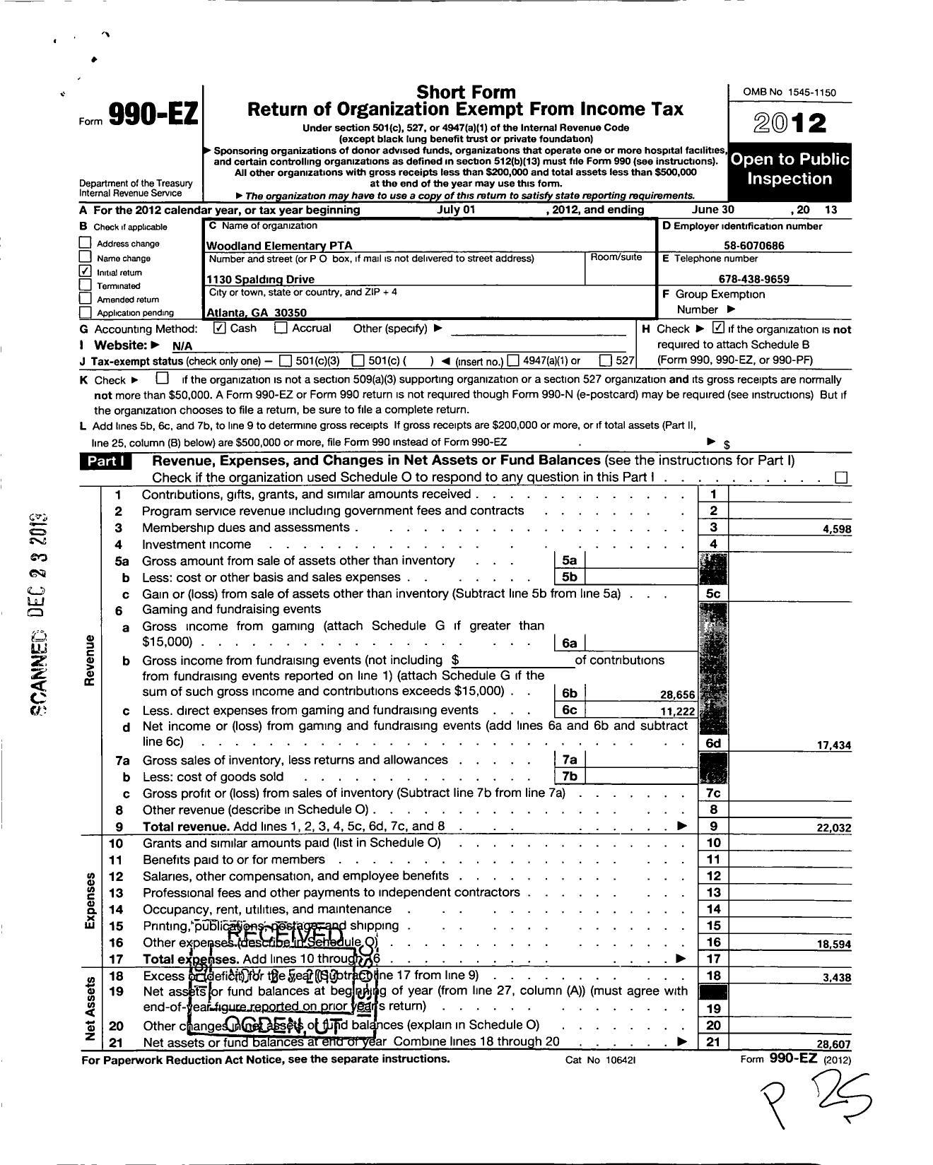 Image of first page of 2012 Form 990EO for Georgia PTA - Woodland Es PTA