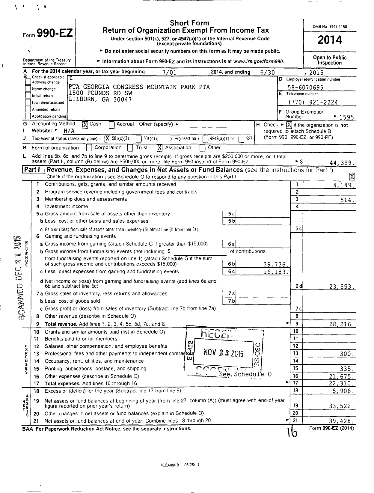 Image of first page of 2014 Form 990EZ for Georgia PTA - Mountain Park Es PTA