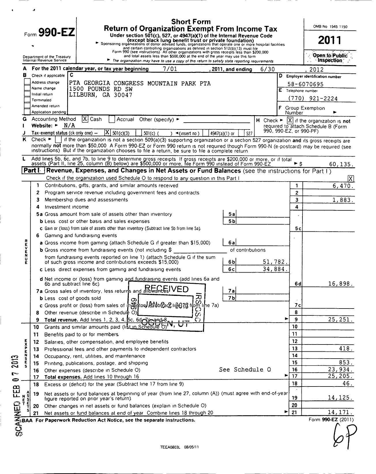 Image of first page of 2011 Form 990EZ for Georgia PTA - Mountain Park Es PTA