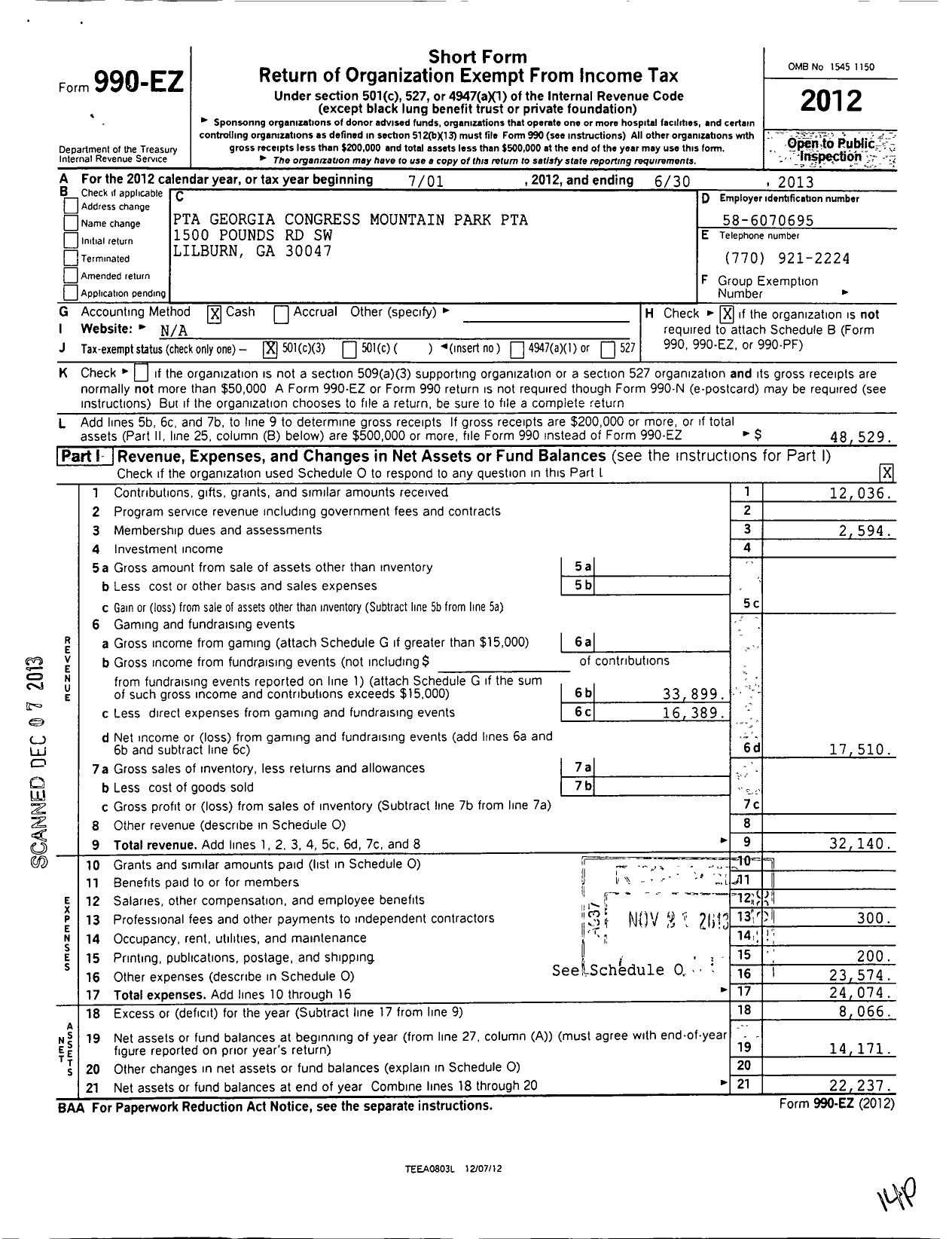 Image of first page of 2012 Form 990EZ for Georgia PTA - Mountain Park Es PTA