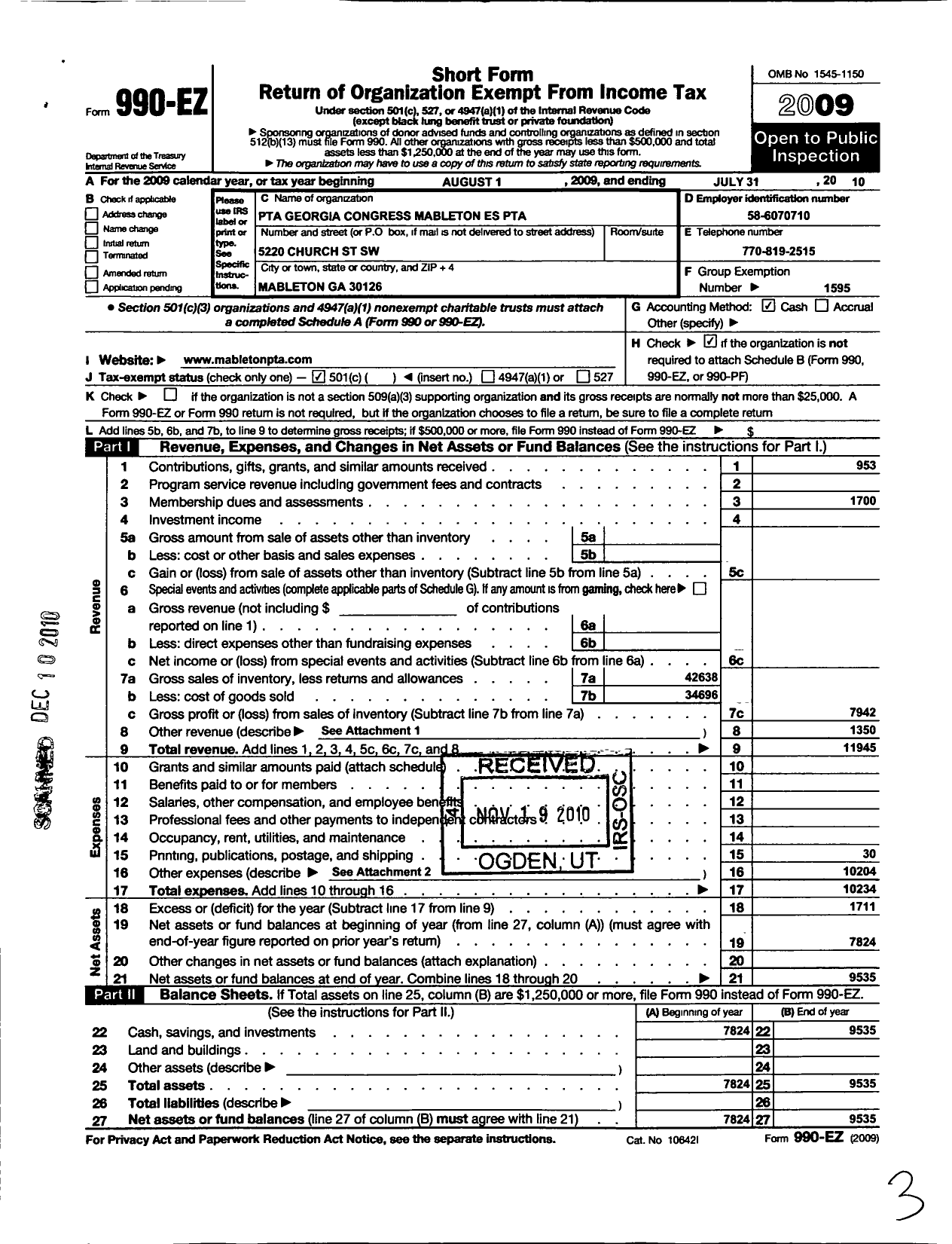 Image of first page of 2009 Form 990EO for Georgia PTA - Mableton Es PTA