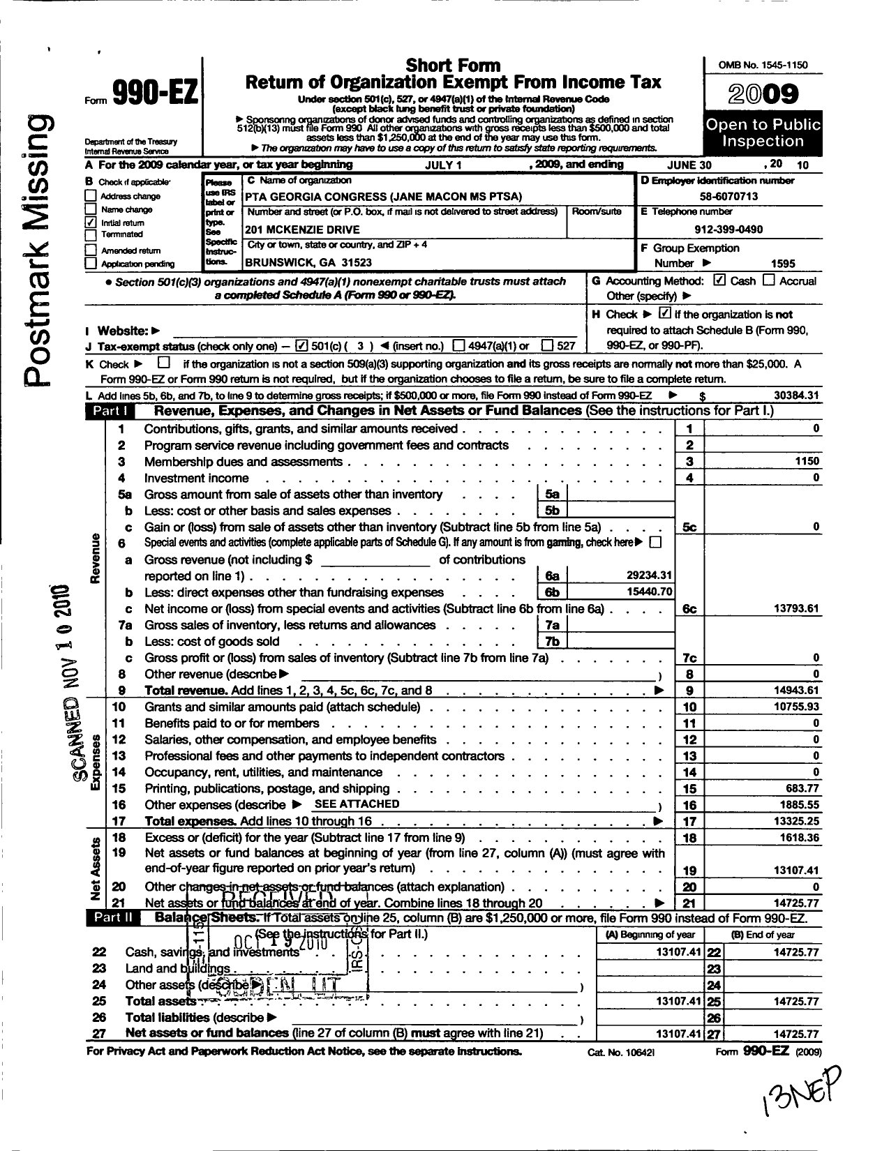 Image of first page of 2009 Form 990EZ for Georgia PTA - Jane Macon MS Ptsa