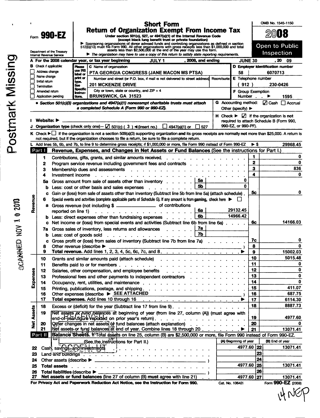 Image of first page of 2008 Form 990EZ for Georgia PTA - Jane Macon MS Ptsa