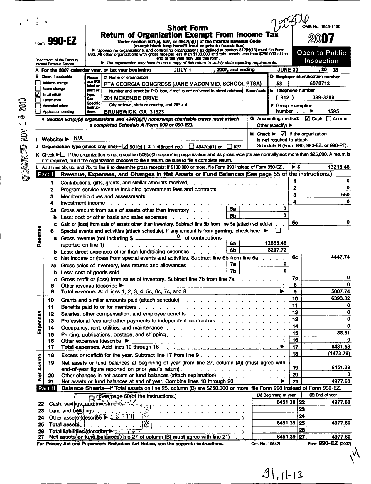 Image of first page of 2007 Form 990EZ for Georgia PTA - Jane Macon MS Ptsa