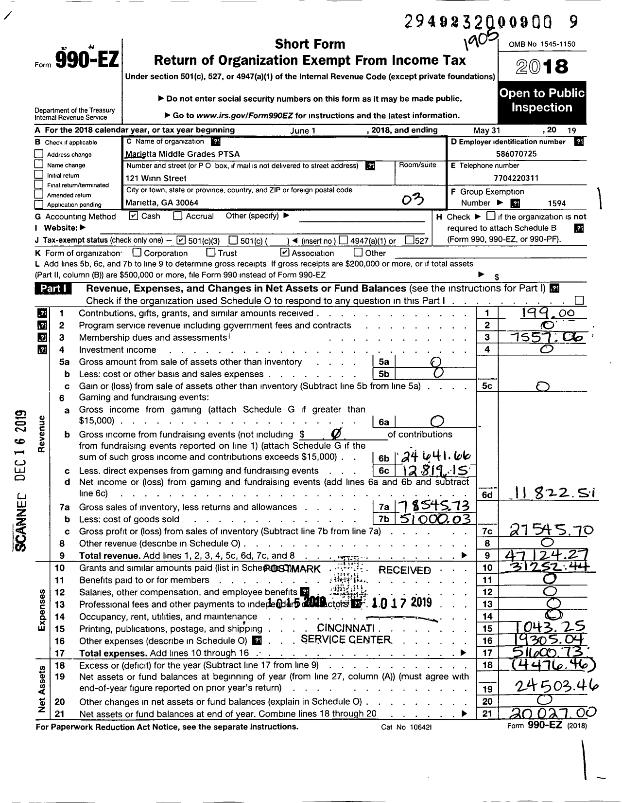 Image of first page of 2018 Form 990EZ for Georgia PTA - Marietta MS Ptsa