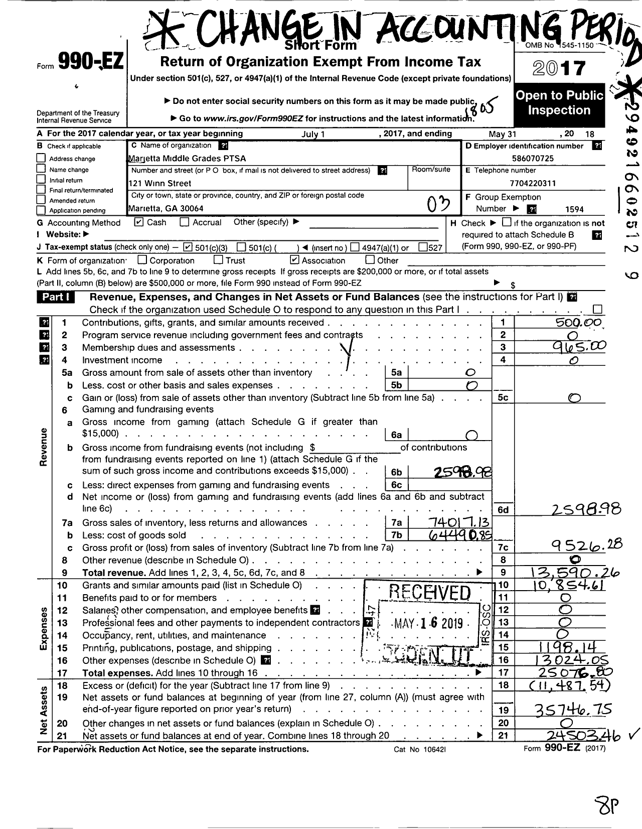 Image of first page of 2017 Form 990EZ for Georgia PTA - Marietta MS Ptsa