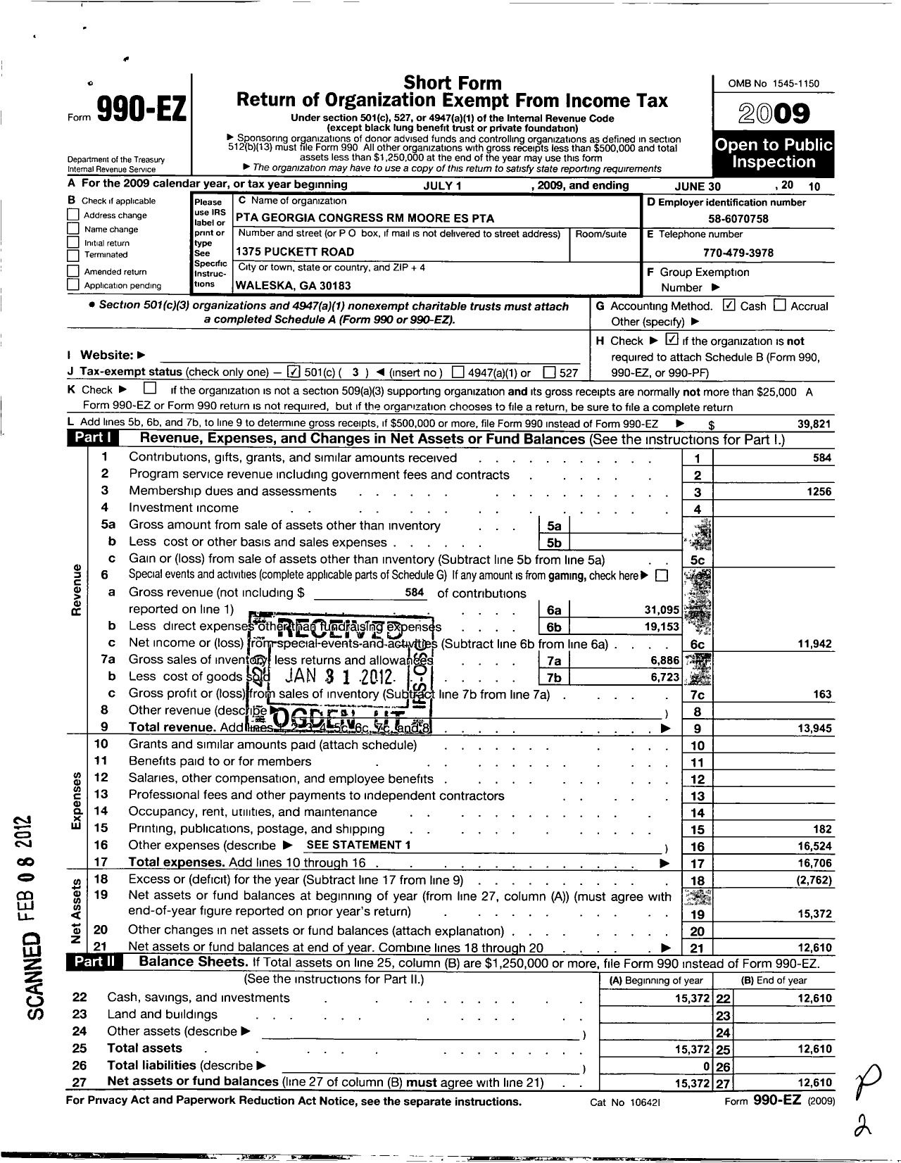 Image of first page of 2009 Form 990EZ for Georgia PTA - R M Moore Es PTA