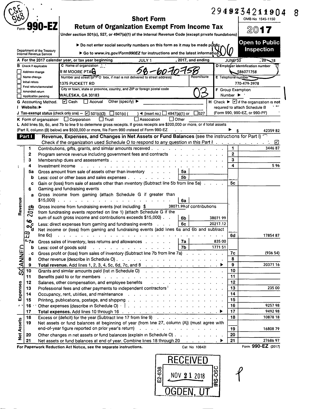 Image of first page of 2017 Form 990EZ for Georgia PTA - R M Moore Es PTA