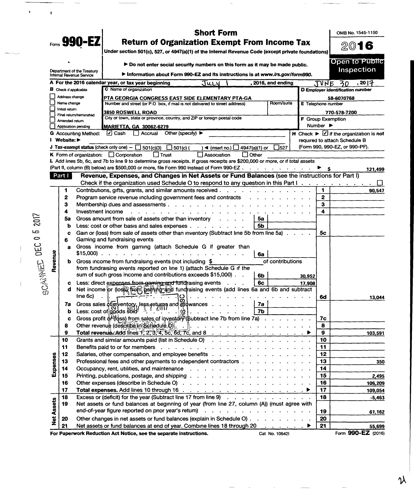 Image of first page of 2016 Form 990EO for Georgia PTA - East Side Es PTA