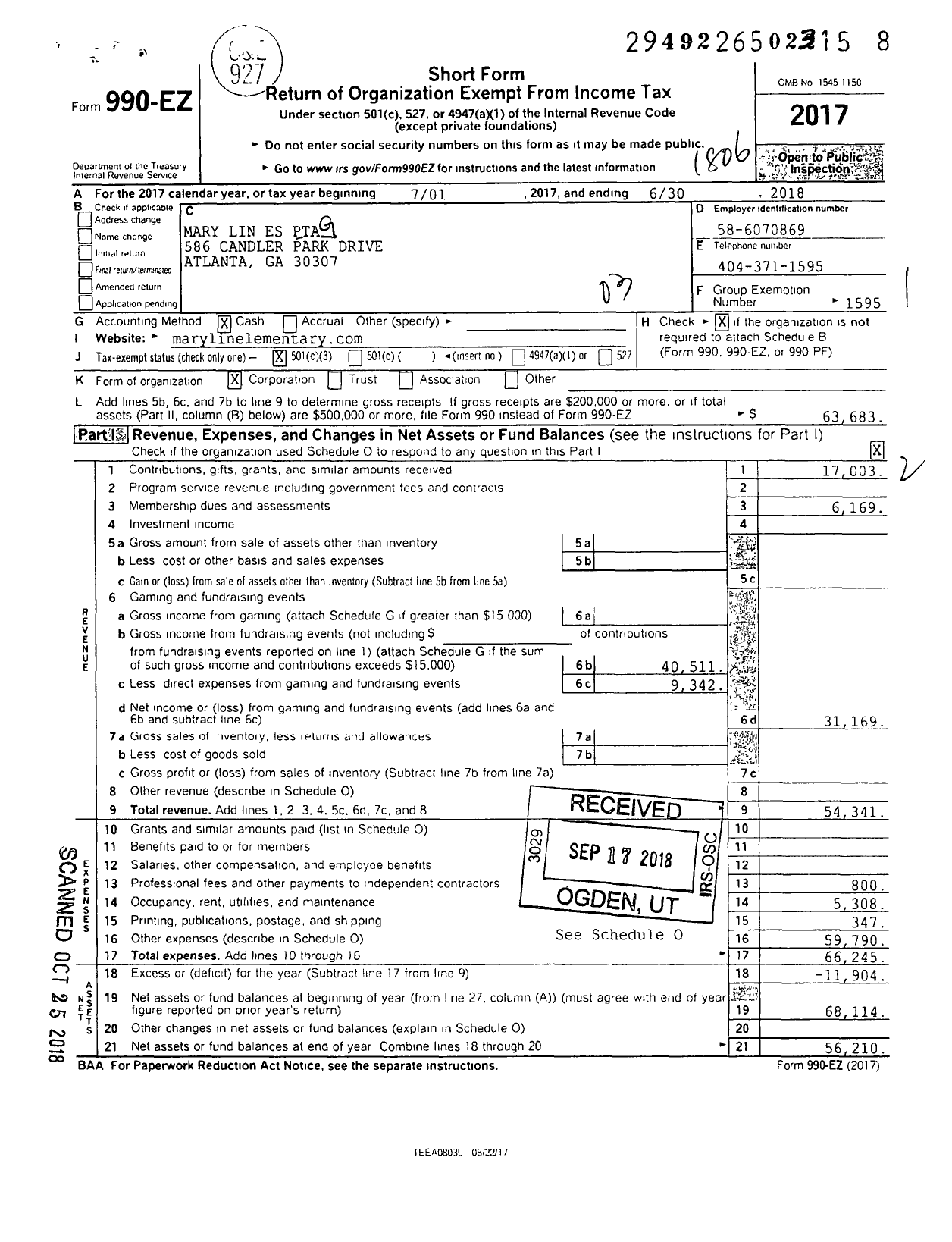 Image of first page of 2017 Form 990EZ for Georgia PTA - Mary Lin Elementary PTA