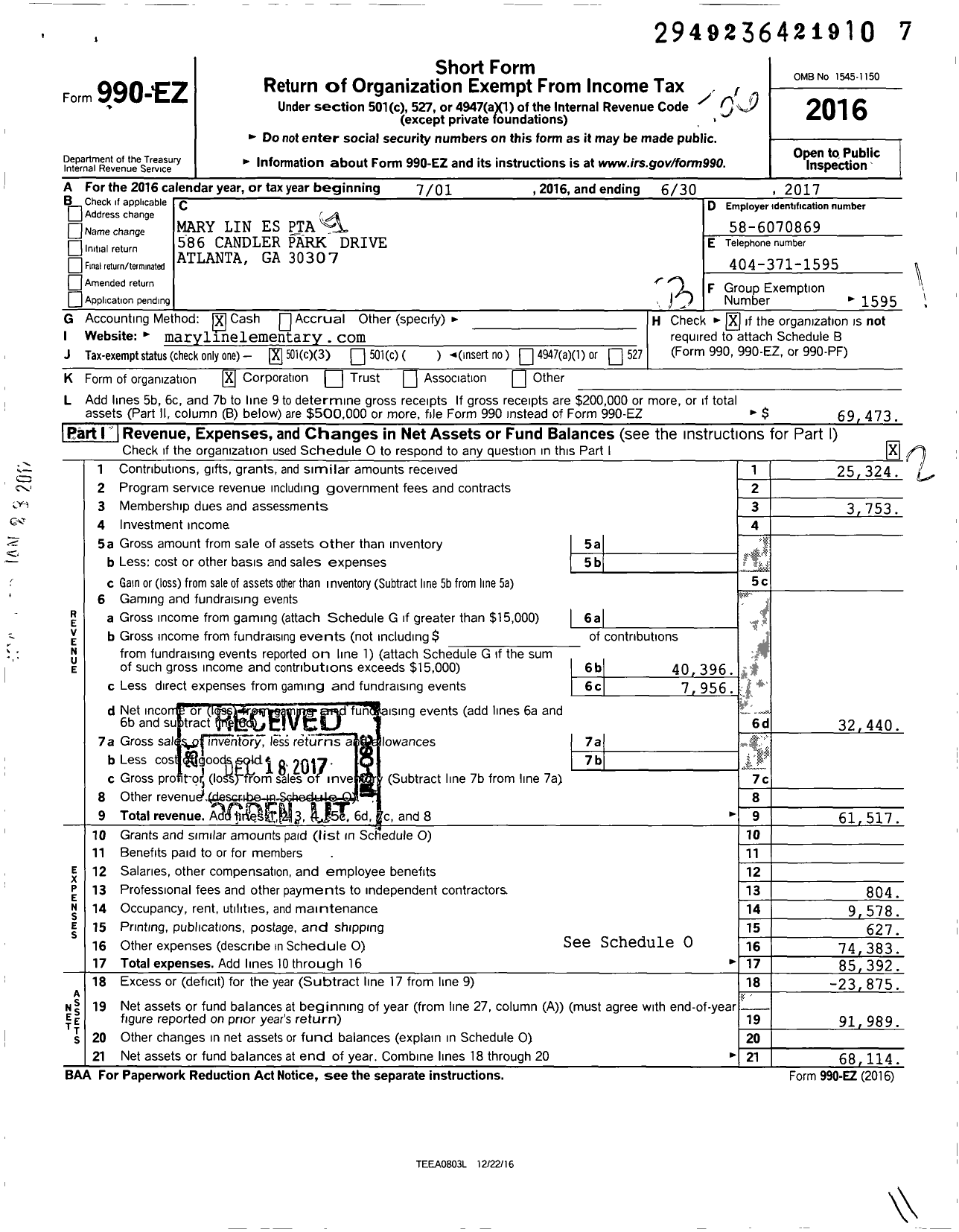 Image of first page of 2016 Form 990EZ for Georgia PTA - Mary Lin Elementary PTA