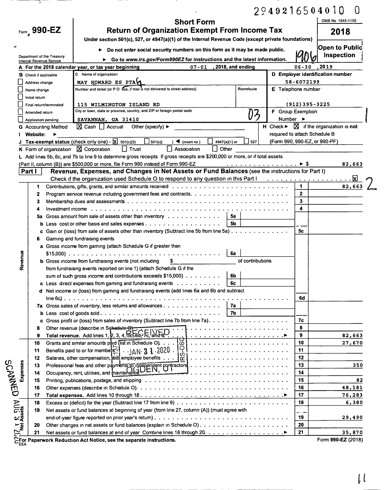 Image of first page of 2018 Form 990EZ for Georgia PTA - May Howard Es PTA