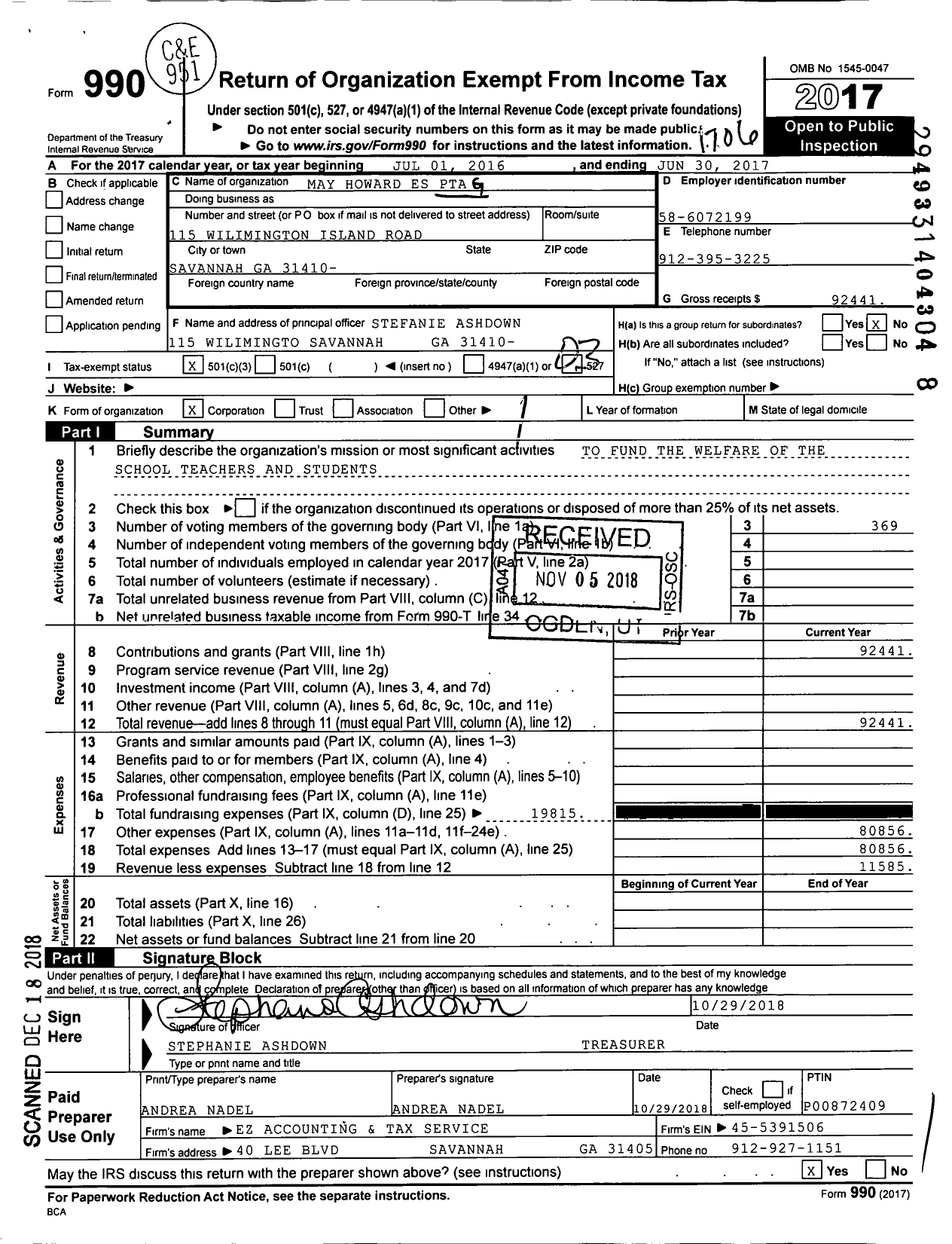 Image of first page of 2016 Form 990 for Georgia PTA - May Howard Es PTA