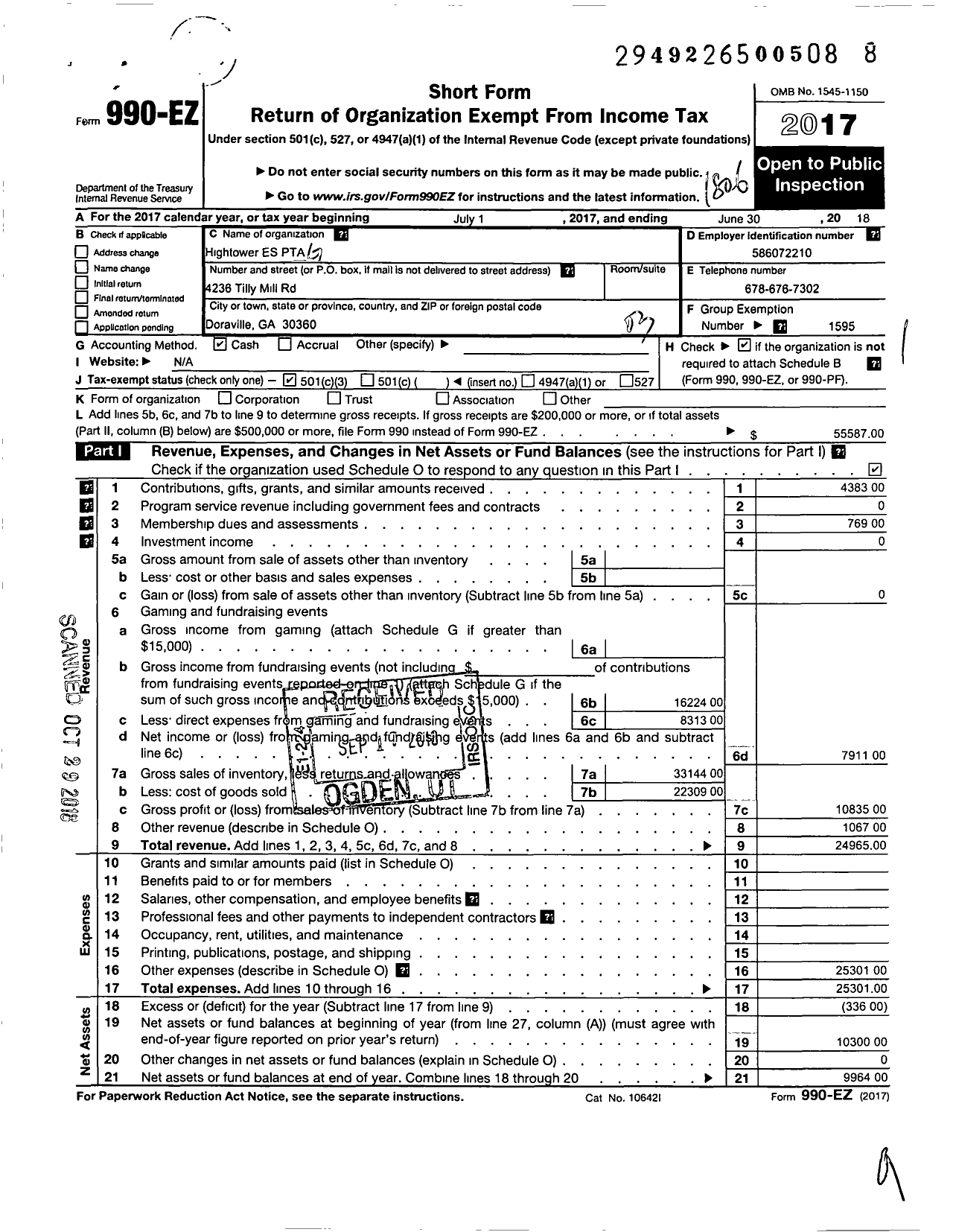 Image of first page of 2017 Form 990EZ for Georgia PTA - Hightower Es PTA