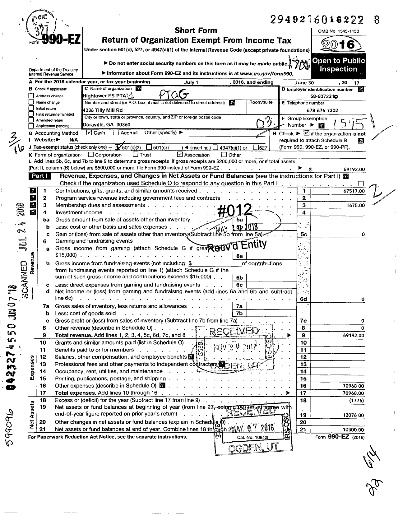 Image of first page of 2016 Form 990EZ for Georgia PTA - Hightower Es PTA