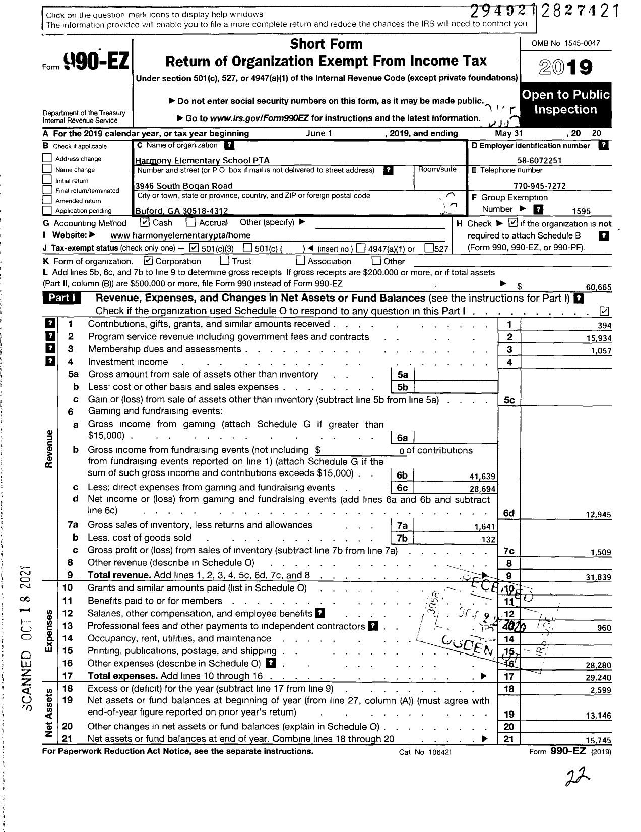 Image of first page of 2019 Form 990EZ for Georgia PTA - Clay-Harmony Leland Elemetary PTA