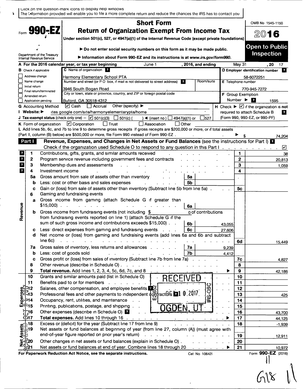 Image of first page of 2016 Form 990EZ for Georgia PTA - Clay-Harmony Leland Elemetary PTA