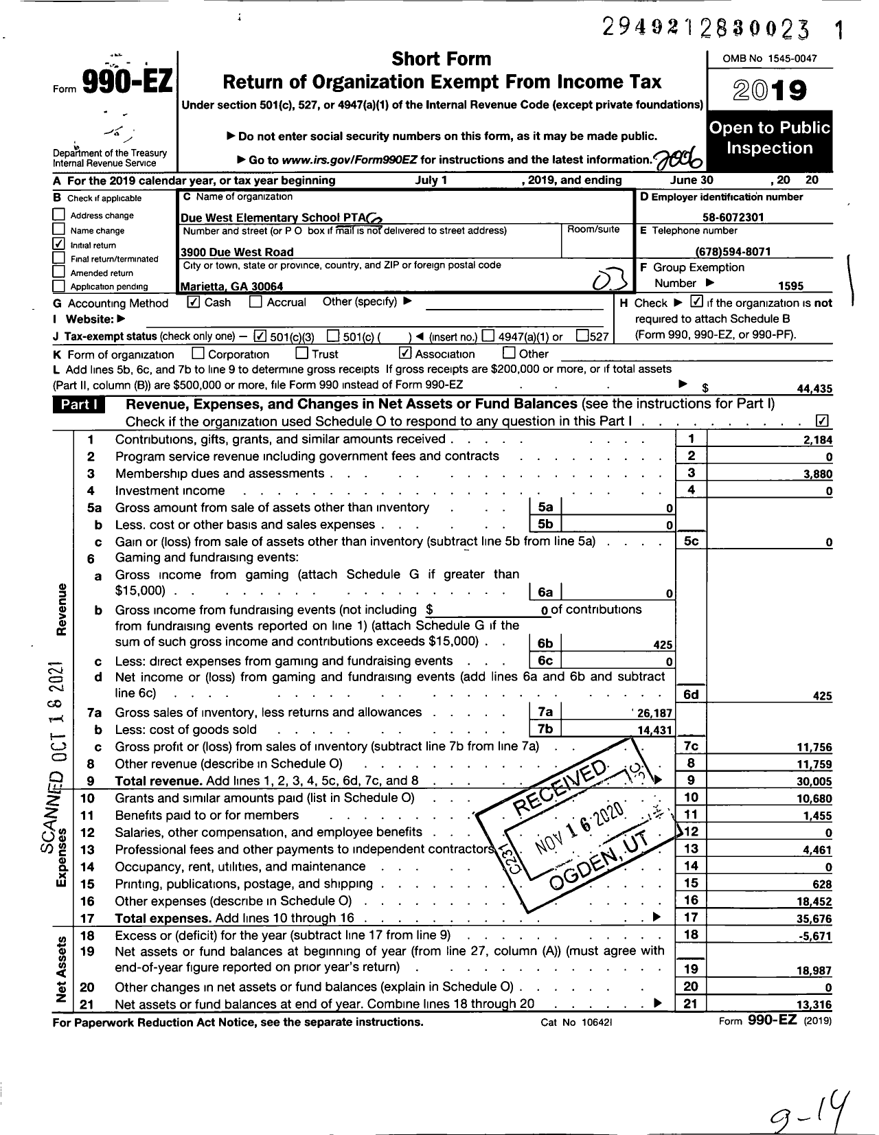 Image of first page of 2019 Form 990EZ for Georgia PTA - Due West Es PTA