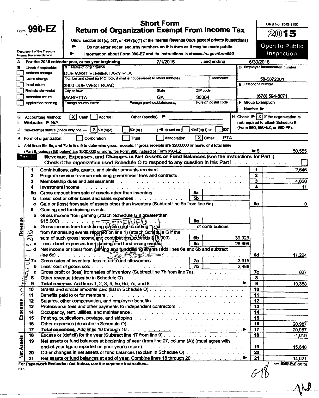 Image of first page of 2015 Form 990EZ for Georgia PTA - Due West Es PTA