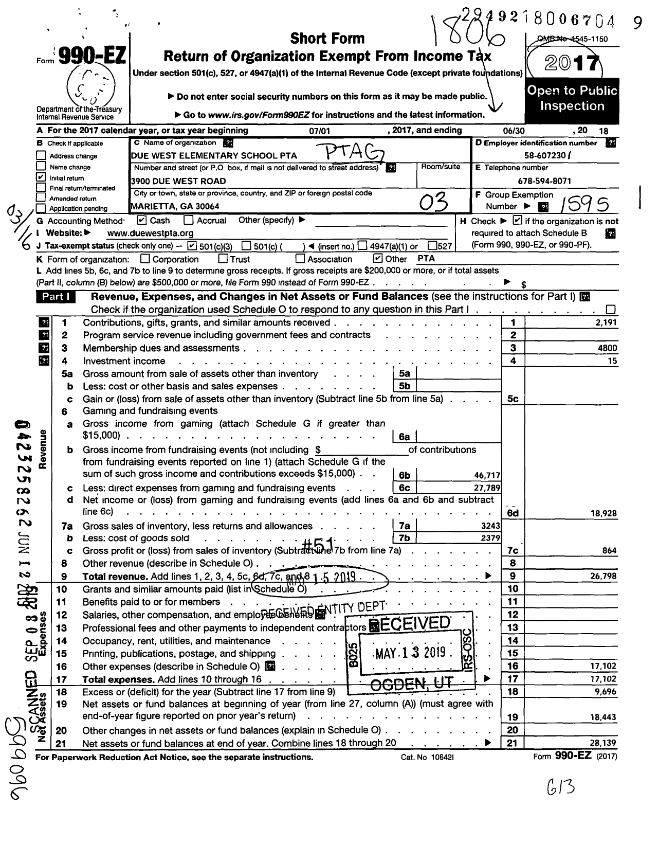 Image of first page of 2017 Form 990EZ for Georgia PTA - Due West Es PTA