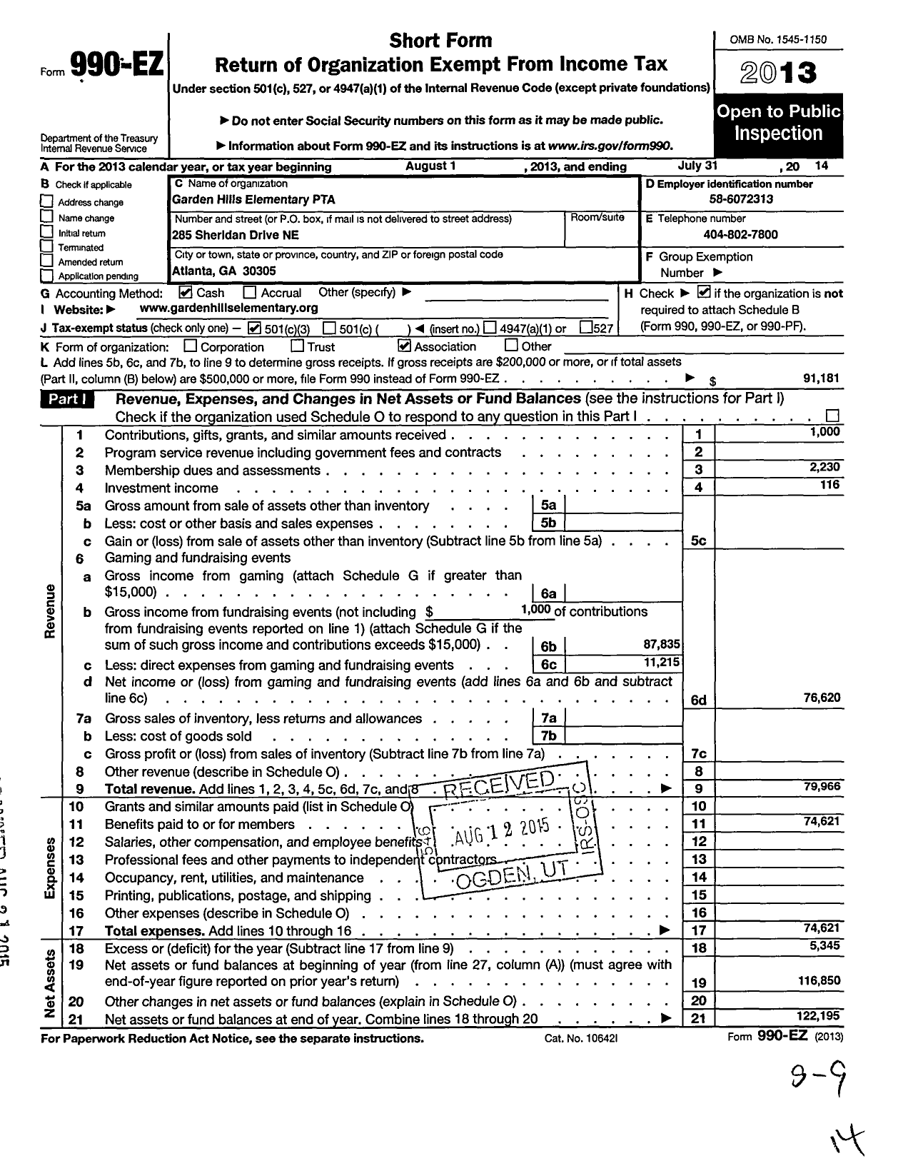 Image of first page of 2013 Form 990EZ for Georgia PTA - Garden Hills Es PTA