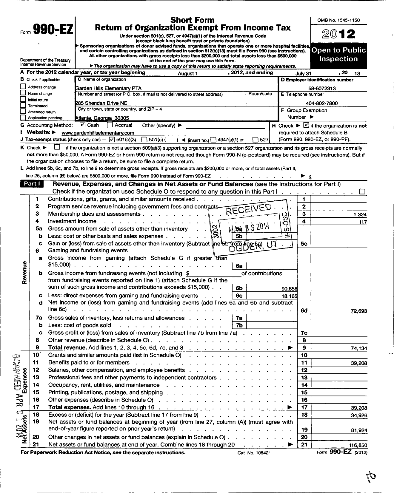 Image of first page of 2012 Form 990EZ for Georgia PTA - Garden Hills Es PTA