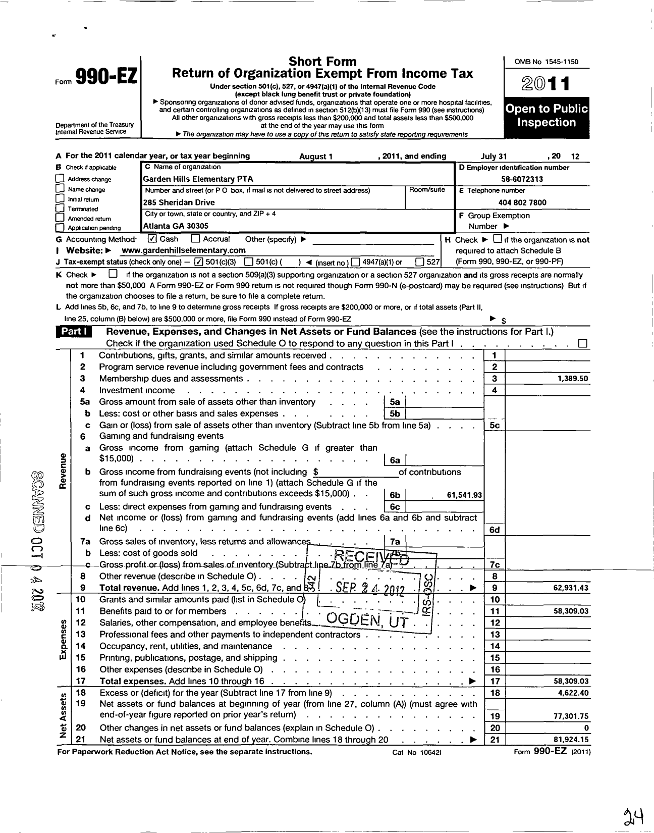 Image of first page of 2011 Form 990EZ for Georgia PTA - Garden Hills Es PTA