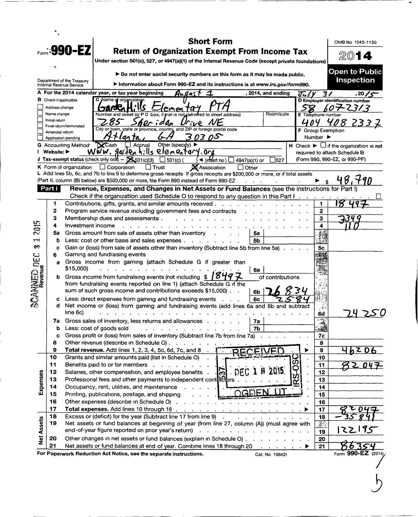 Image of first page of 2014 Form 990EZ for Georgia PTA - Garden Hills Es PTA