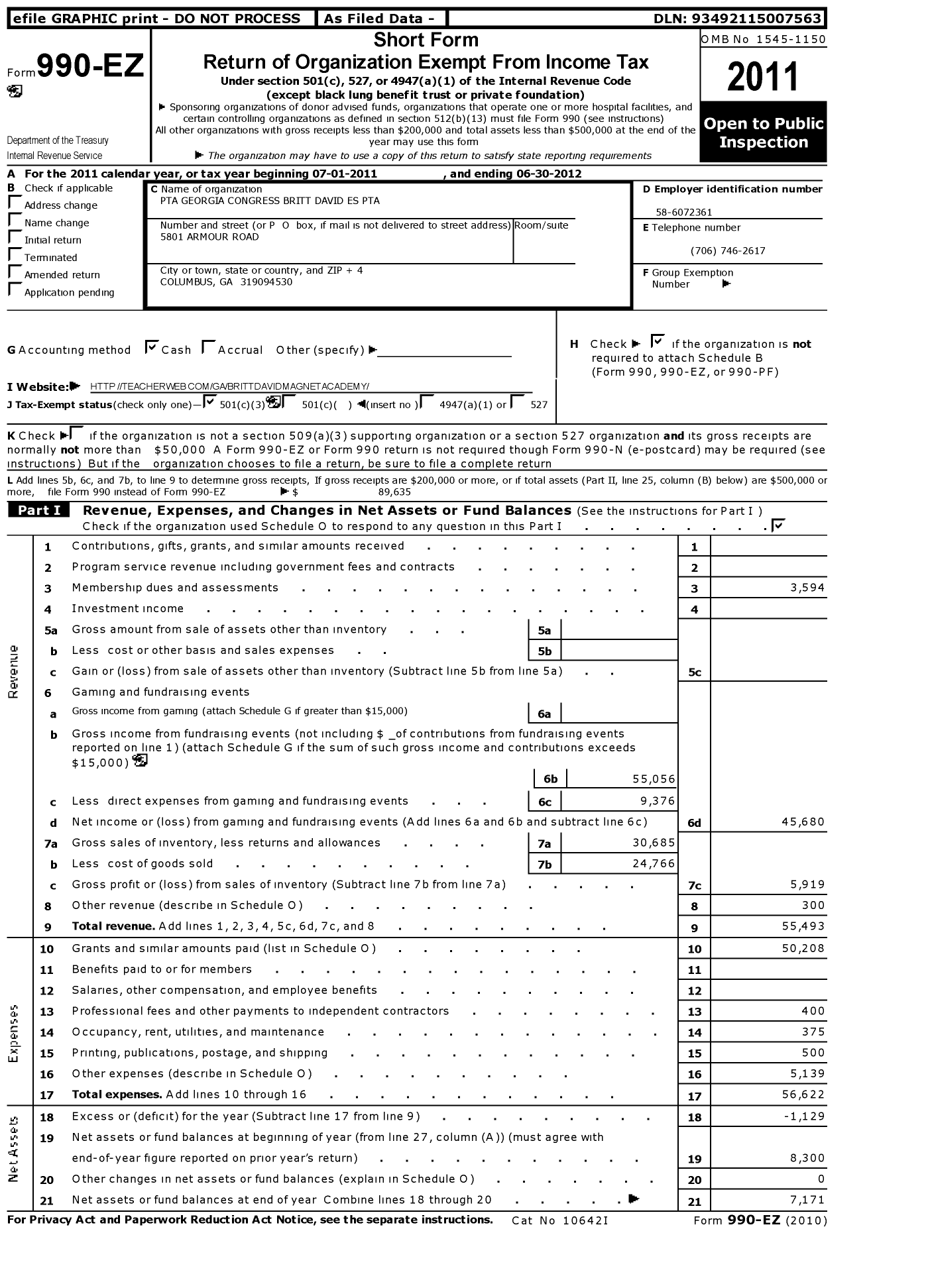 Image of first page of 2011 Form 990EZ for GEORGIA PTA - Britt David Es PTA