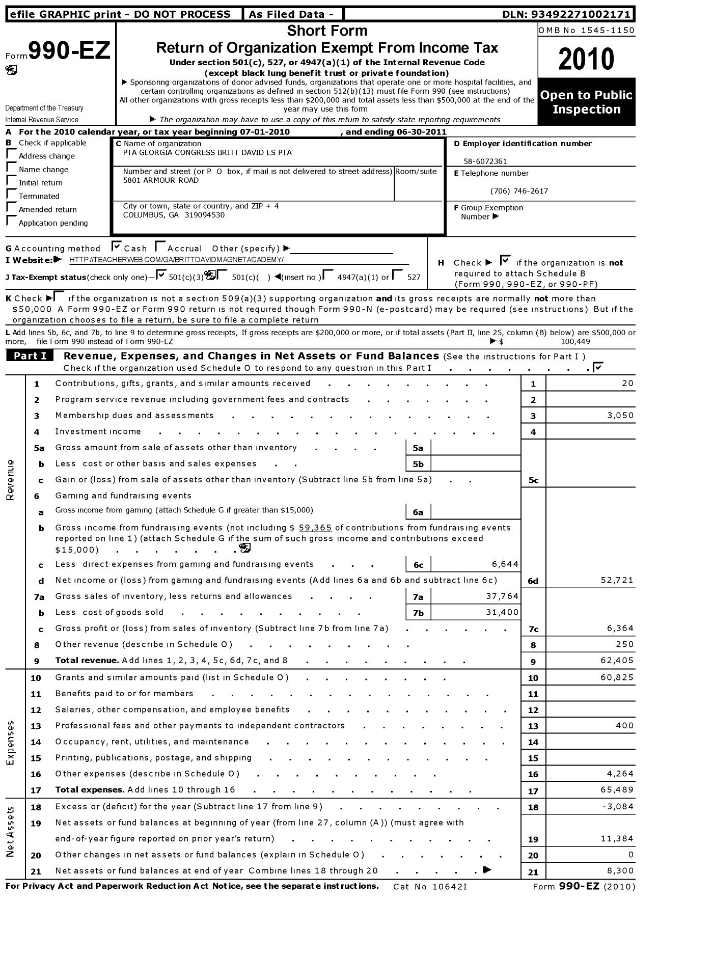 Image of first page of 2010 Form 990EZ for GEORGIA PTA - Britt David Es PTA