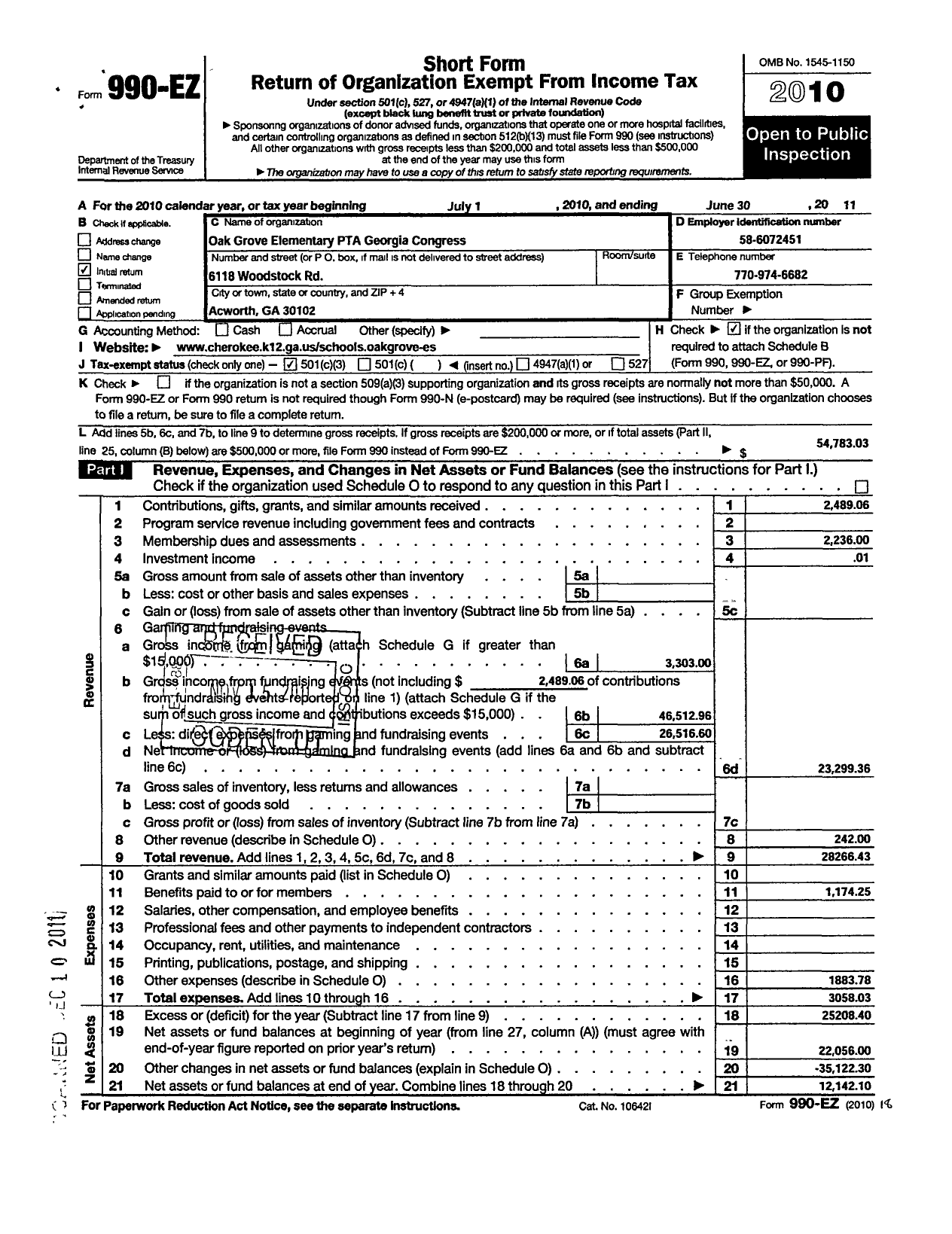 Image of first page of 2010 Form 990EZ for Georgia PTA - Oak Grove PTA