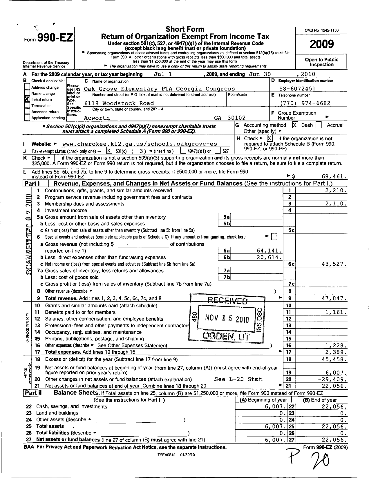 Image of first page of 2009 Form 990EZ for Georgia PTA - Oak Grove PTA