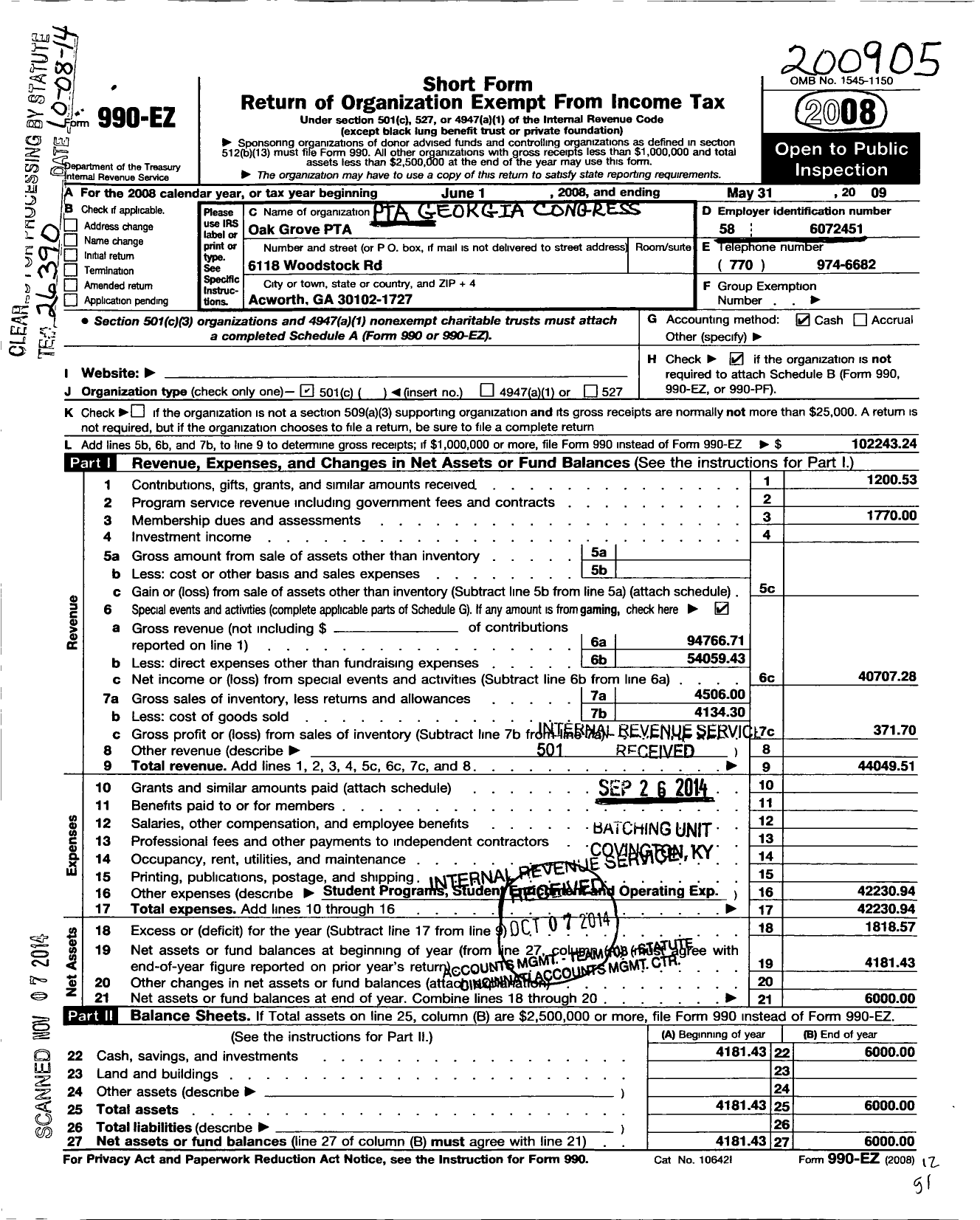 Image of first page of 2008 Form 990EO for Georgia PTA - Oak Grove PTA