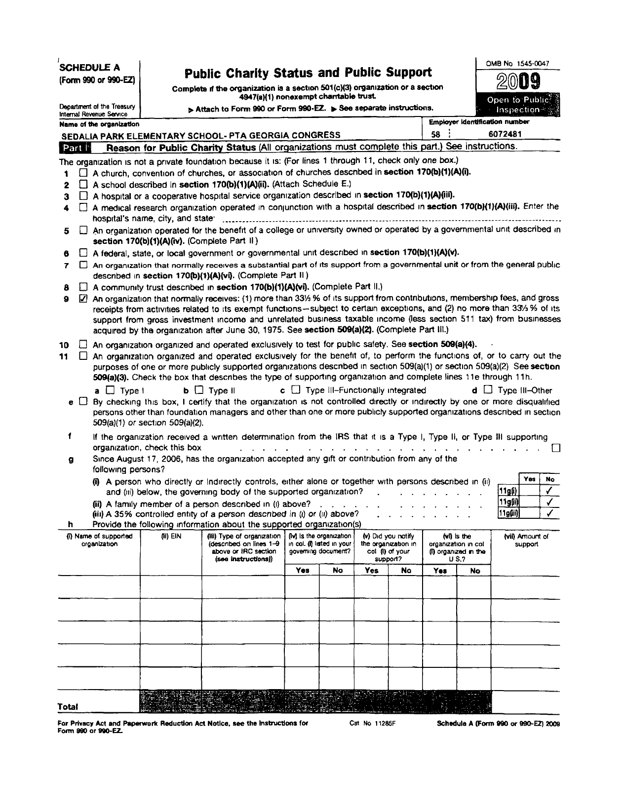 Image of first page of 2009 Form 990ER for Georgia PTA - Sedalia Park Es PTA