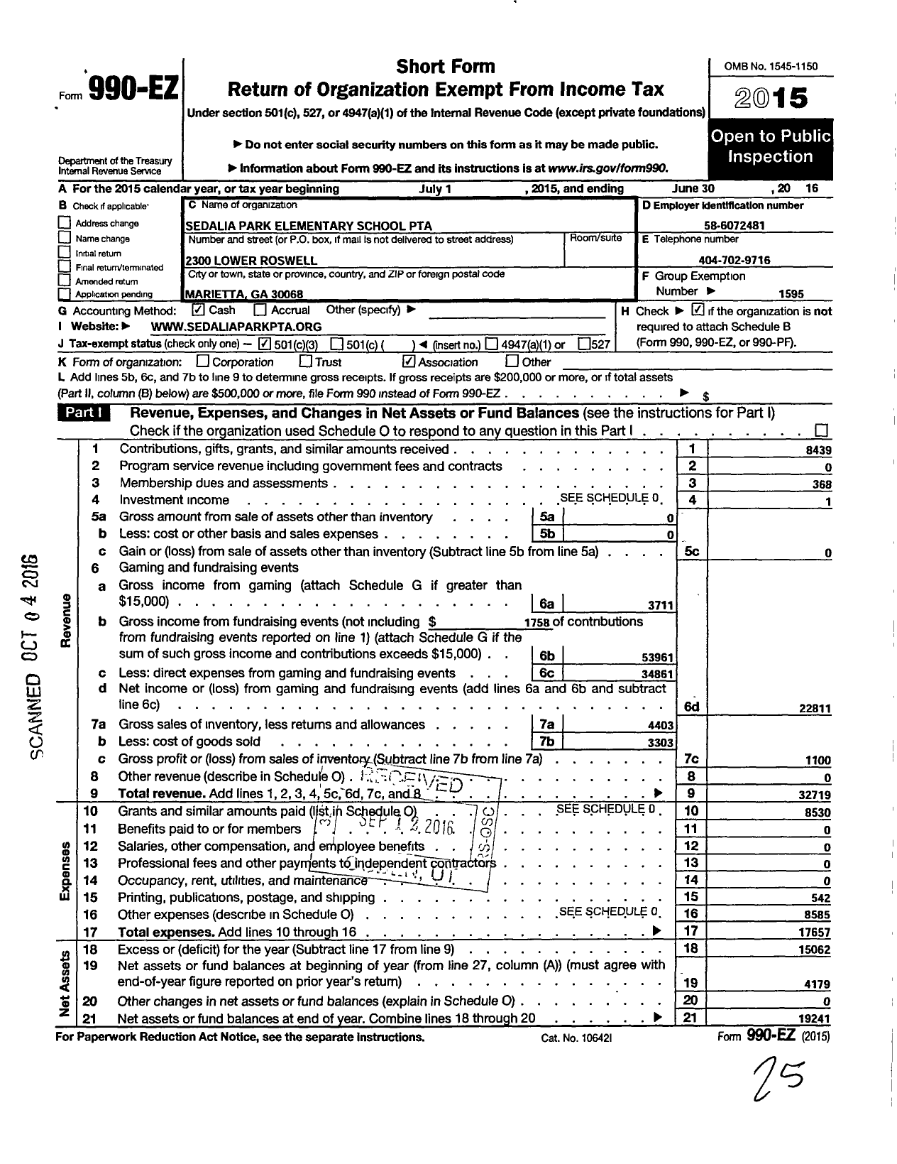 Image of first page of 2015 Form 990EZ for Georgia PTA - Sedalia Park Es PTA