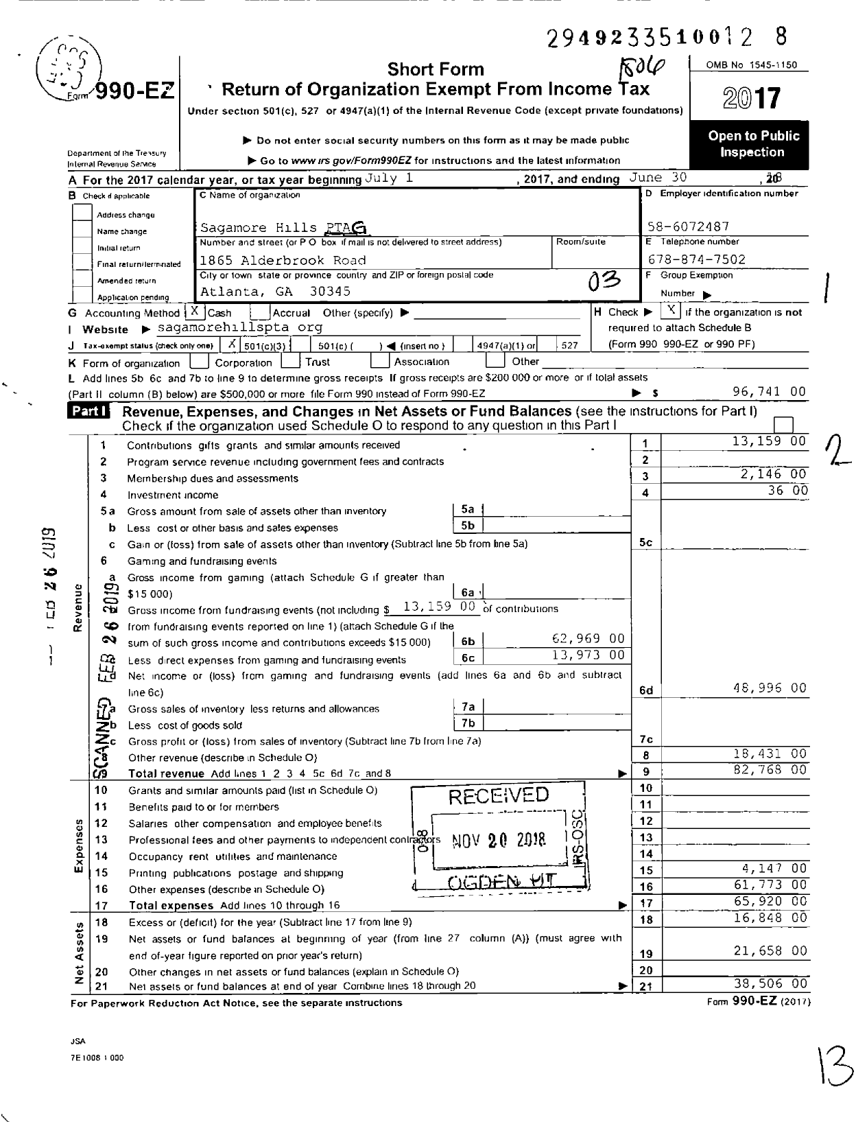 Image of first page of 2017 Form 990EZ for Georgia PTA - Sagamore Hills Es PTA