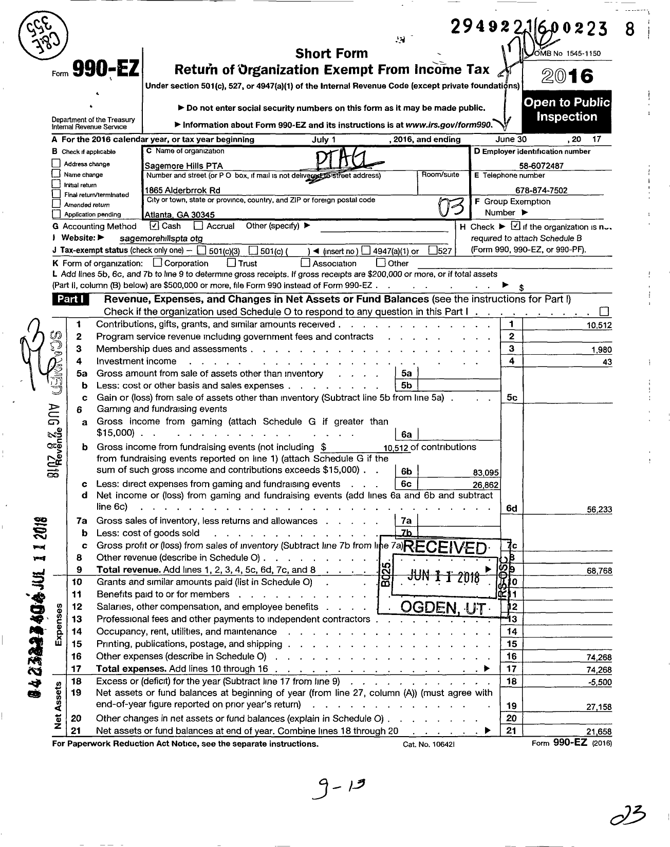 Image of first page of 2016 Form 990EZ for Georgia PTA - Sagamore Hills Es PTA