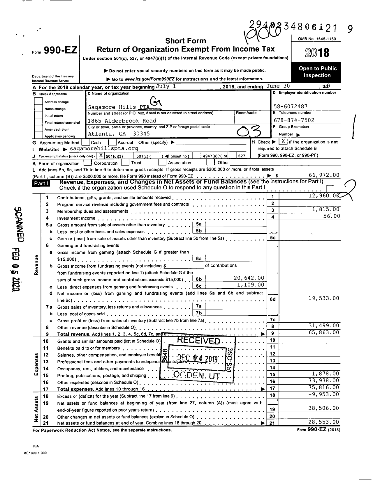 Image of first page of 2018 Form 990EZ for Georgia PTA - Sagamore Hills Es PTA