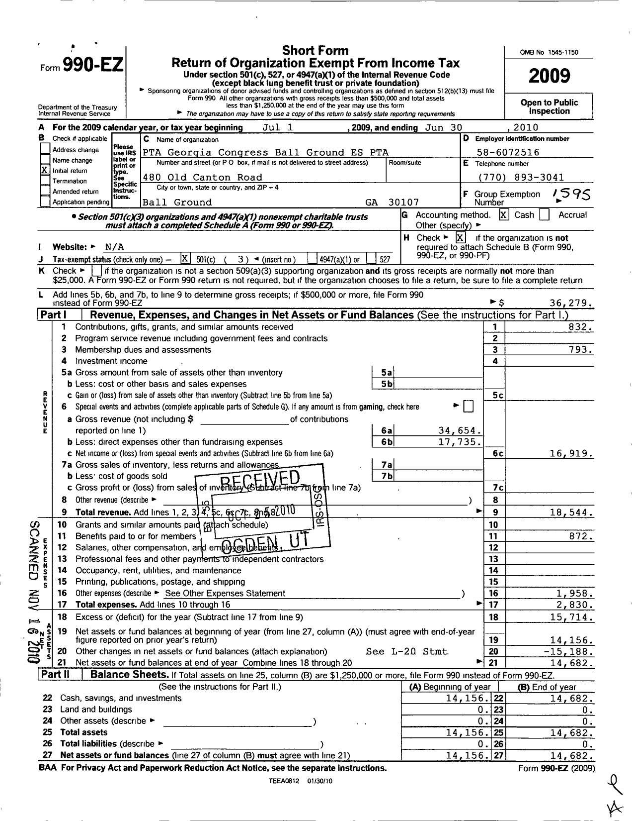 Image of first page of 2009 Form 990EZ for Georgia PTA - Ball Ground Es PTA