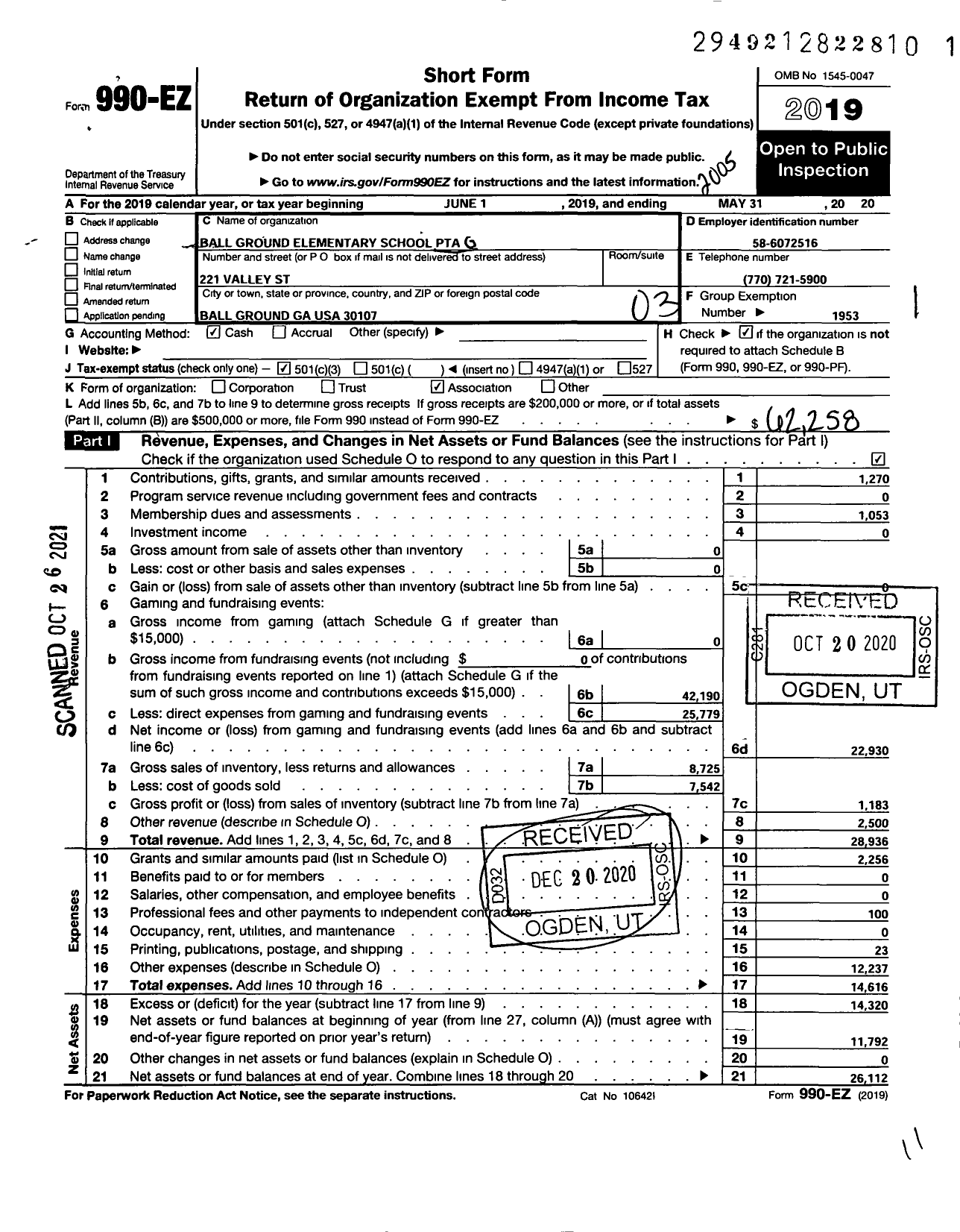 Image of first page of 2019 Form 990EZ for Georgia PTA - Ball Ground Es PTA