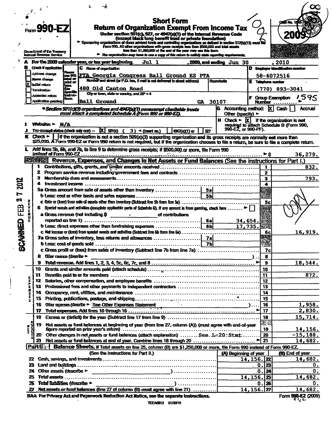 Image of first page of 2009 Form 990EZ for Georgia PTA - Ball Ground Es PTA