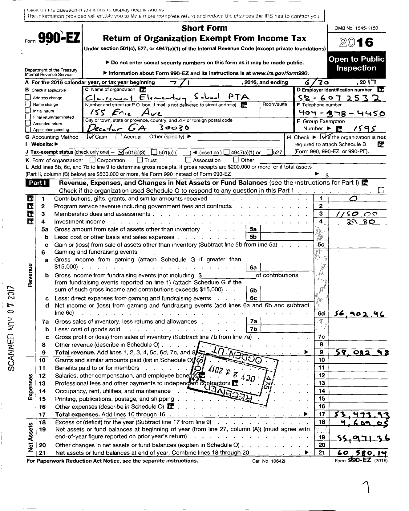 Image of first page of 2016 Form 990EZ for GEORGIA PTA - Clairemont Es PTA